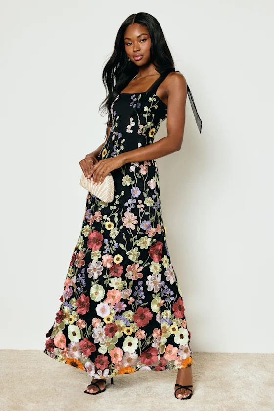 Thriving Poise Black 3D Floral Embroidered Tie-Strap Maxi Dress