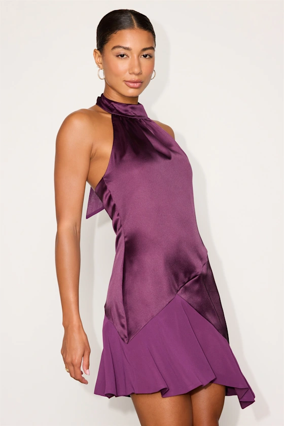 Kaye Plum Purple Satin Halter Purple Mini Dress