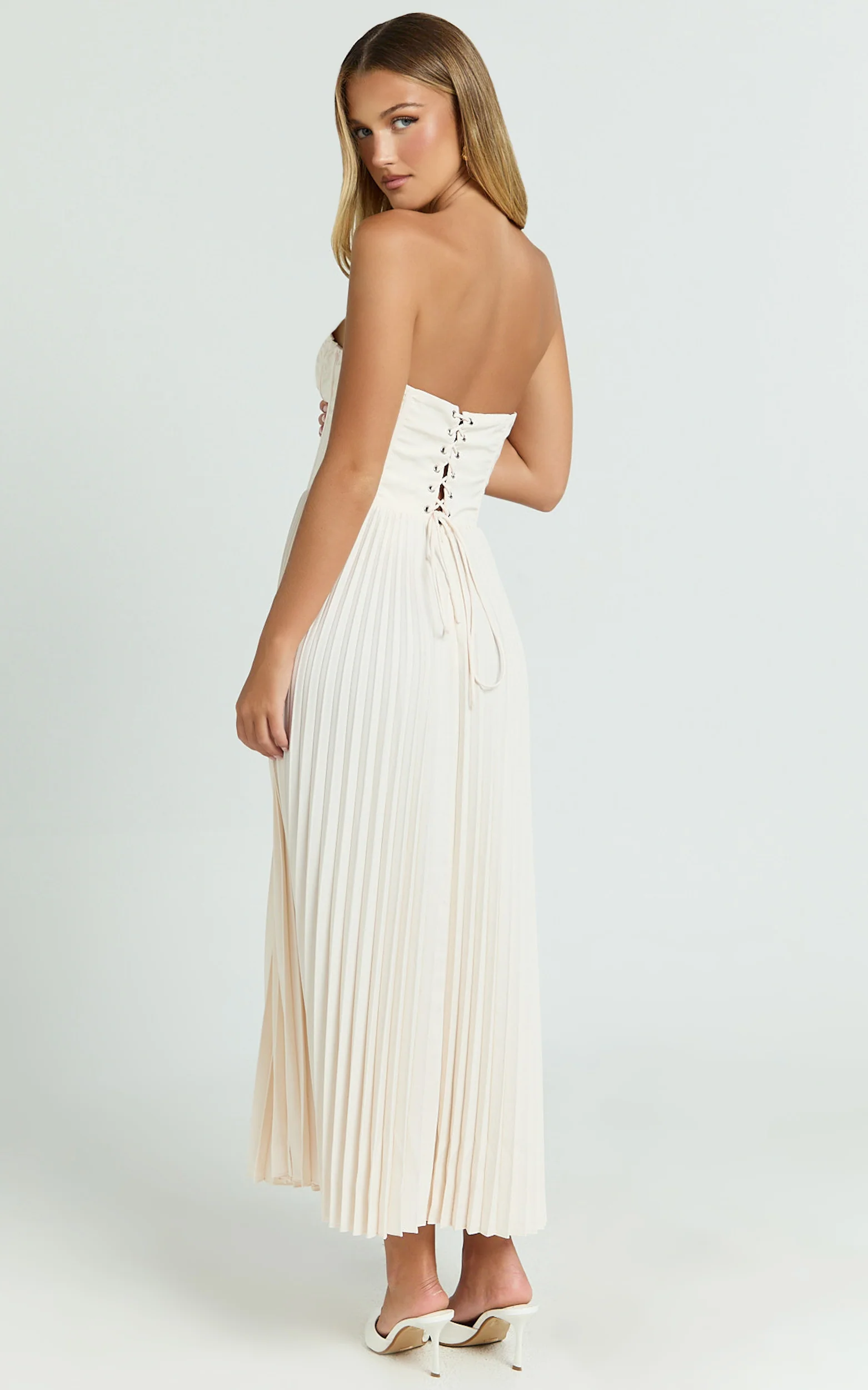 Lace Up Back Bustier Pleated Dress in Cream