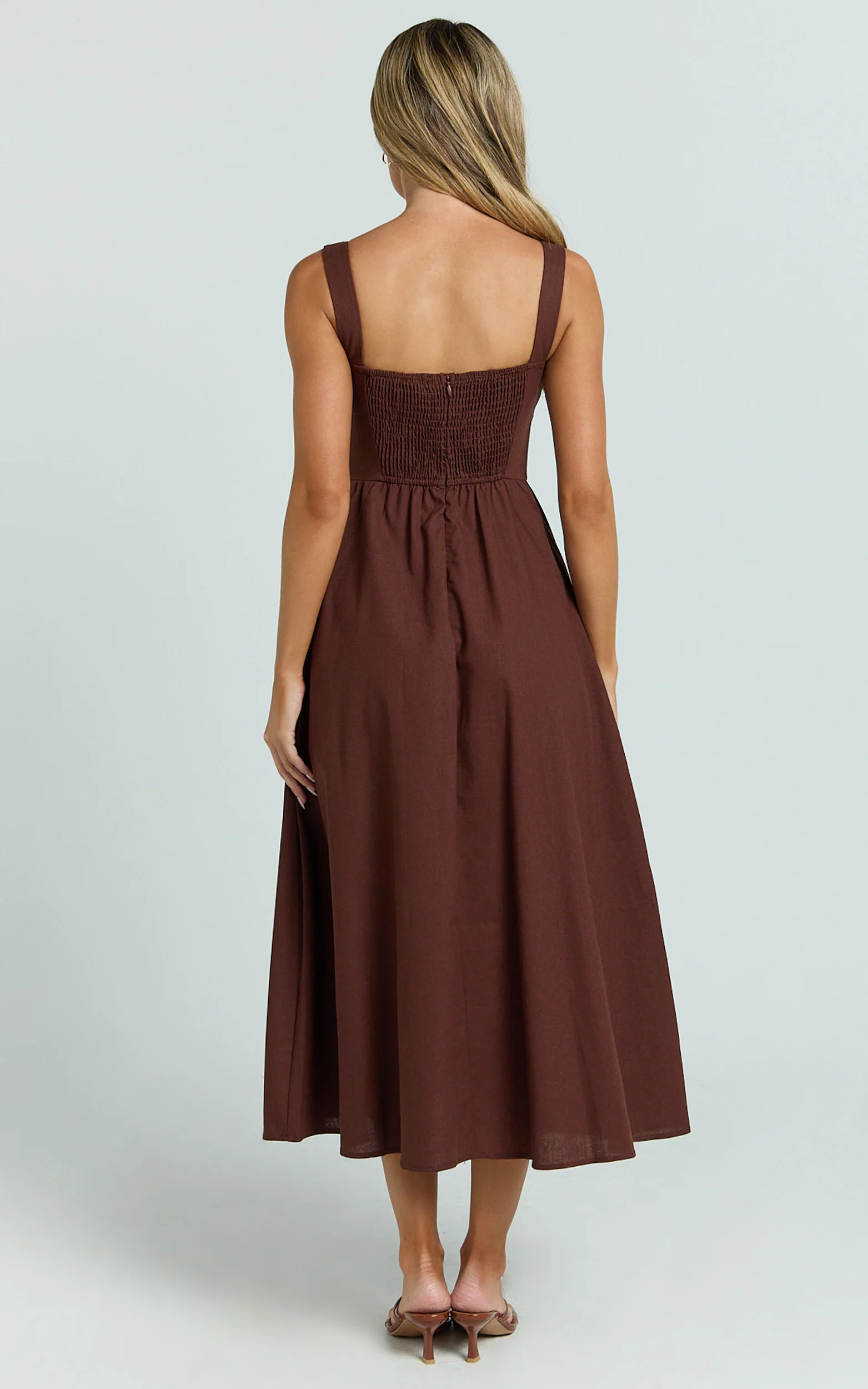 Linen Look Square A Line Dress in Chocolate