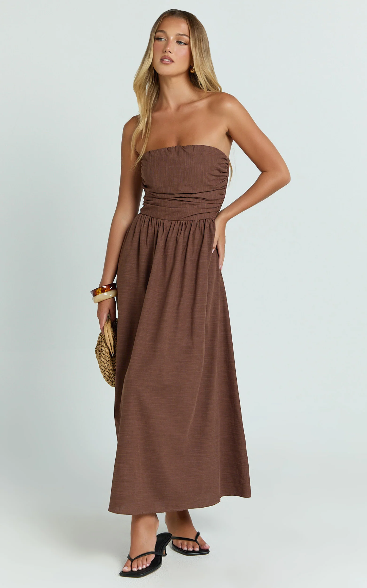 Strapless Ruched Dress in Chocolate