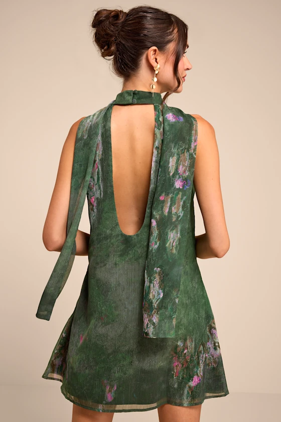 Calixta Green Abstract Print Sash Mini Dress