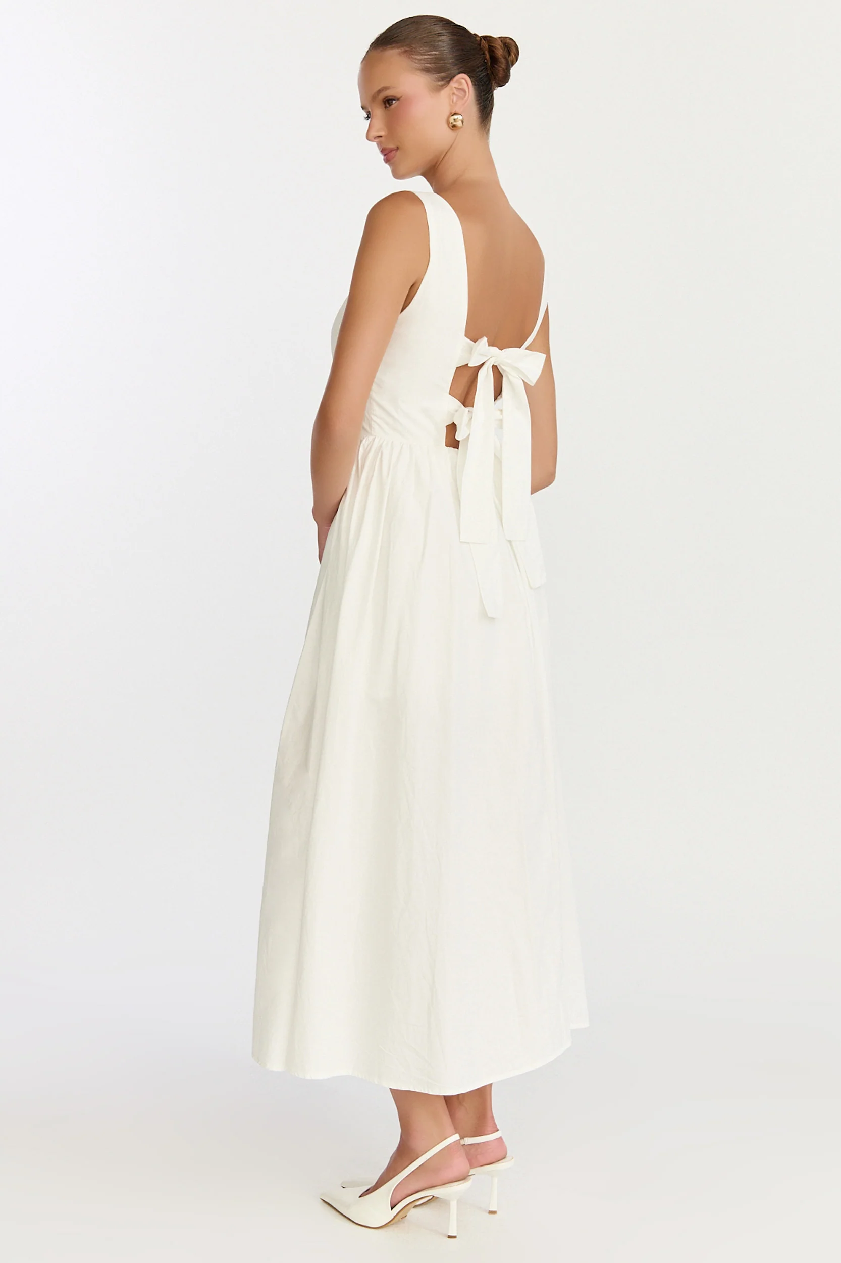 Boat Neck Tie Back Fit And Flare Dress in Off White
