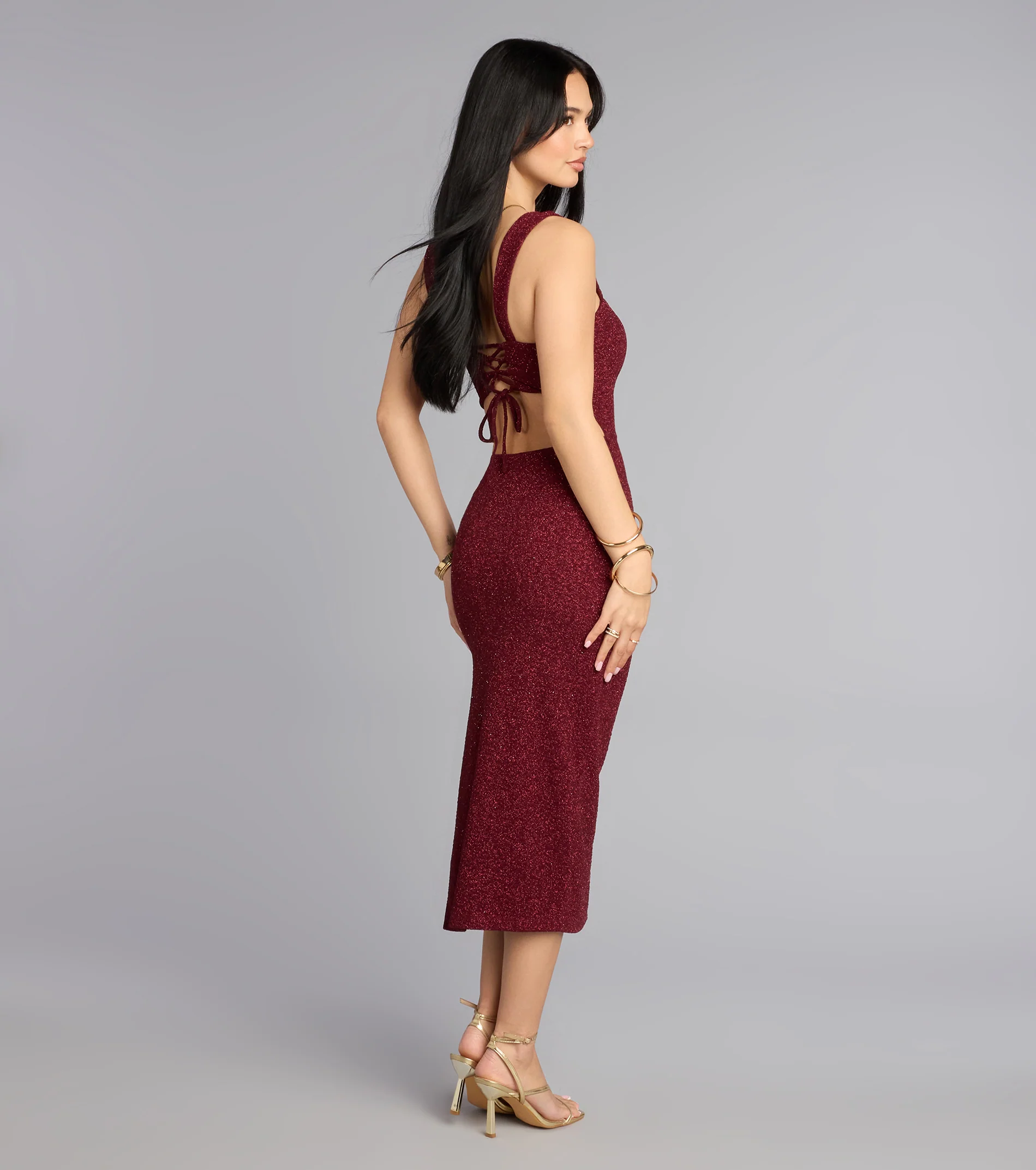 Marlowe Glitter Lace-Up Midi Formal Dress