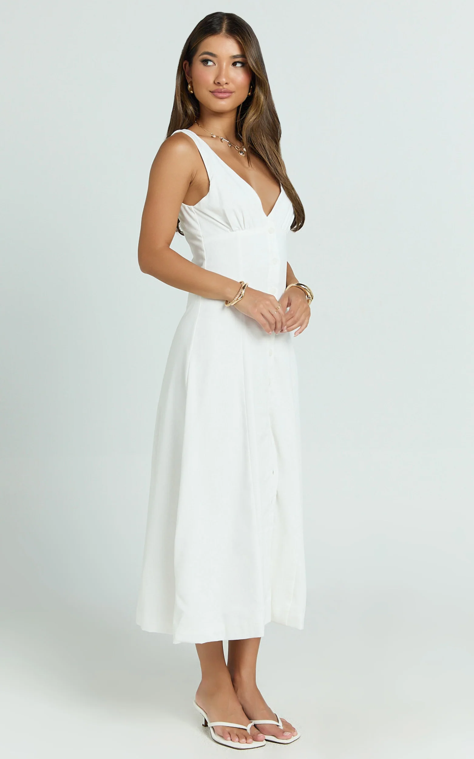 V Neck Sleeveless Under Bust Seam Circular Skirt Dress in White