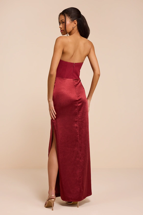 Mella Burgundy Mixed Media Strapless Maxi Dress