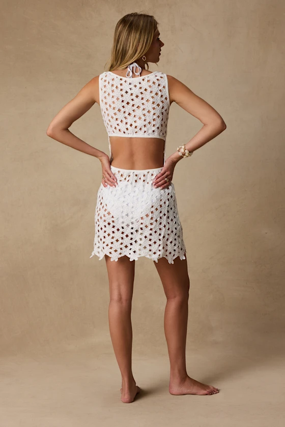 Calypso Ivory Floral Crochet Mini Swim Cover-Up