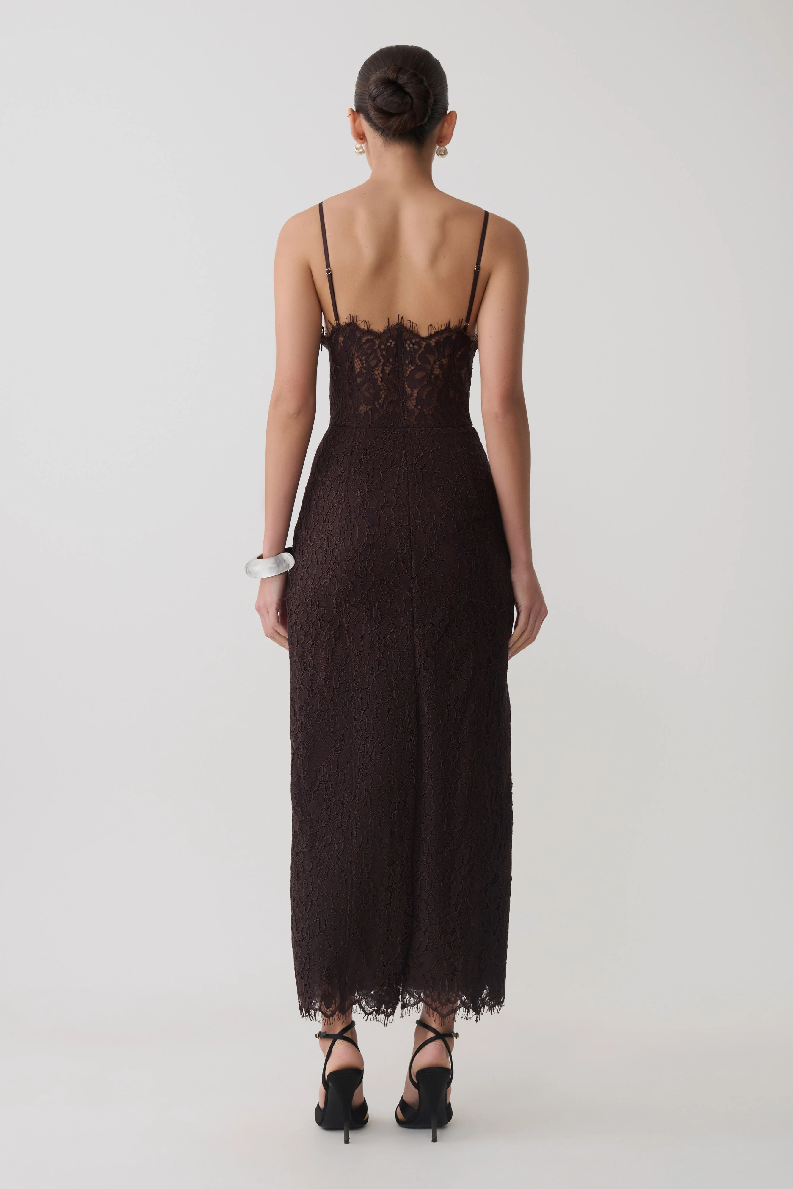 Ottilie Lace And Mesh Midi Dress - Dark Chocolate