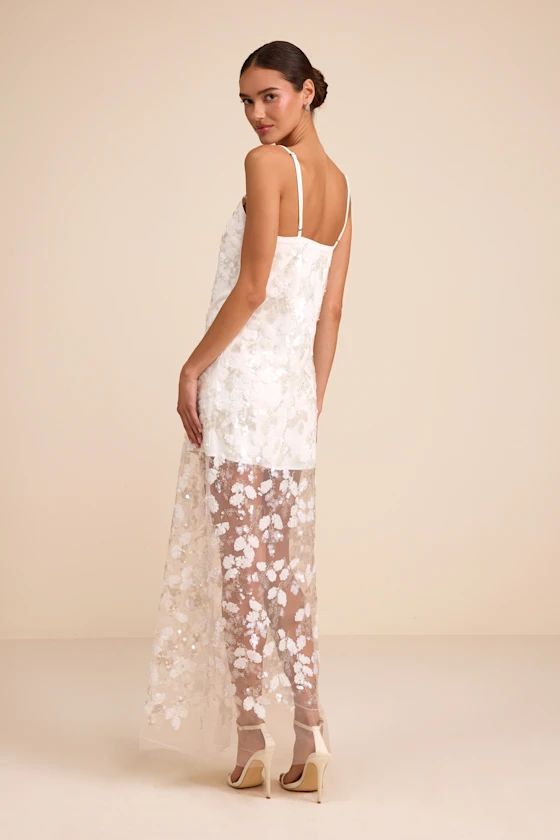 Cassie White Sequin Embroidered Sheer Hem Maxi Dress