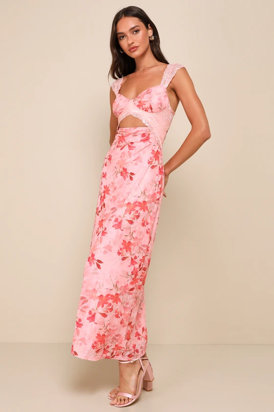 Endlessly Cute Pink Floral Mesh Cutout Lace Bustier Maxi Dress