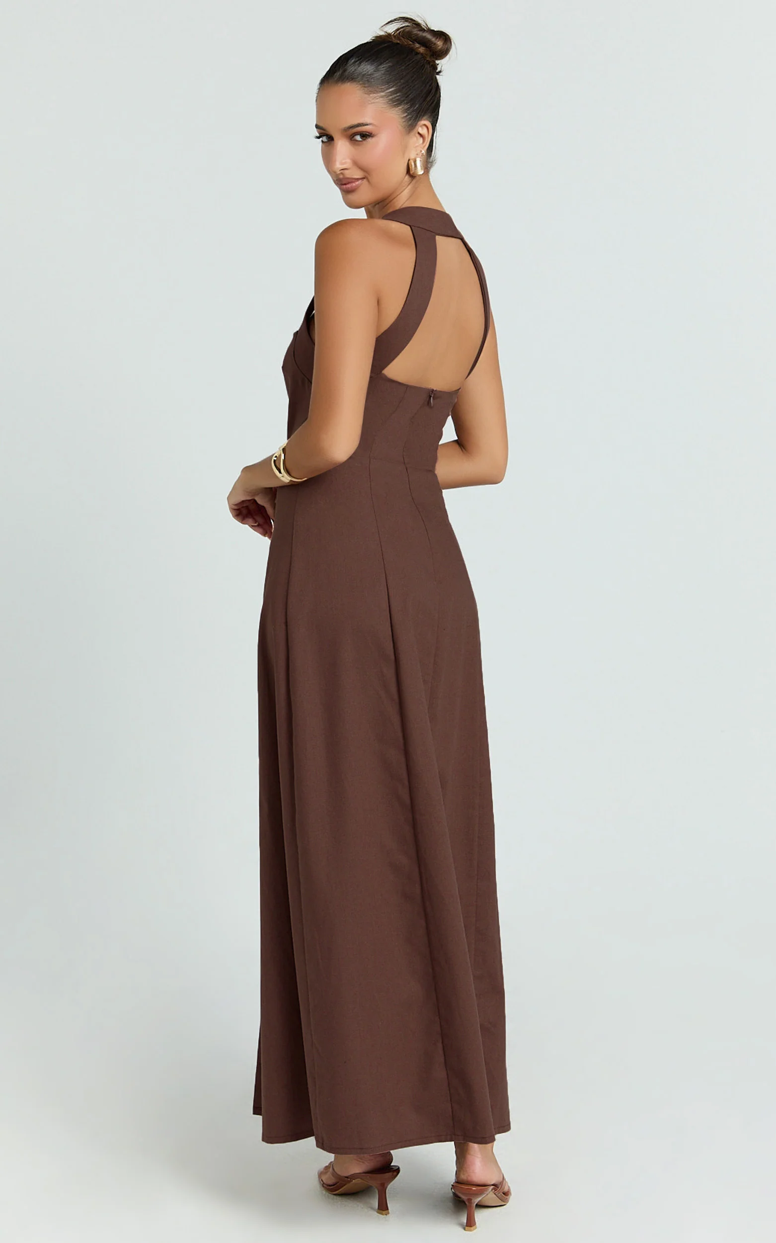 Square Neck Button Front Shift Dress in Chocolate