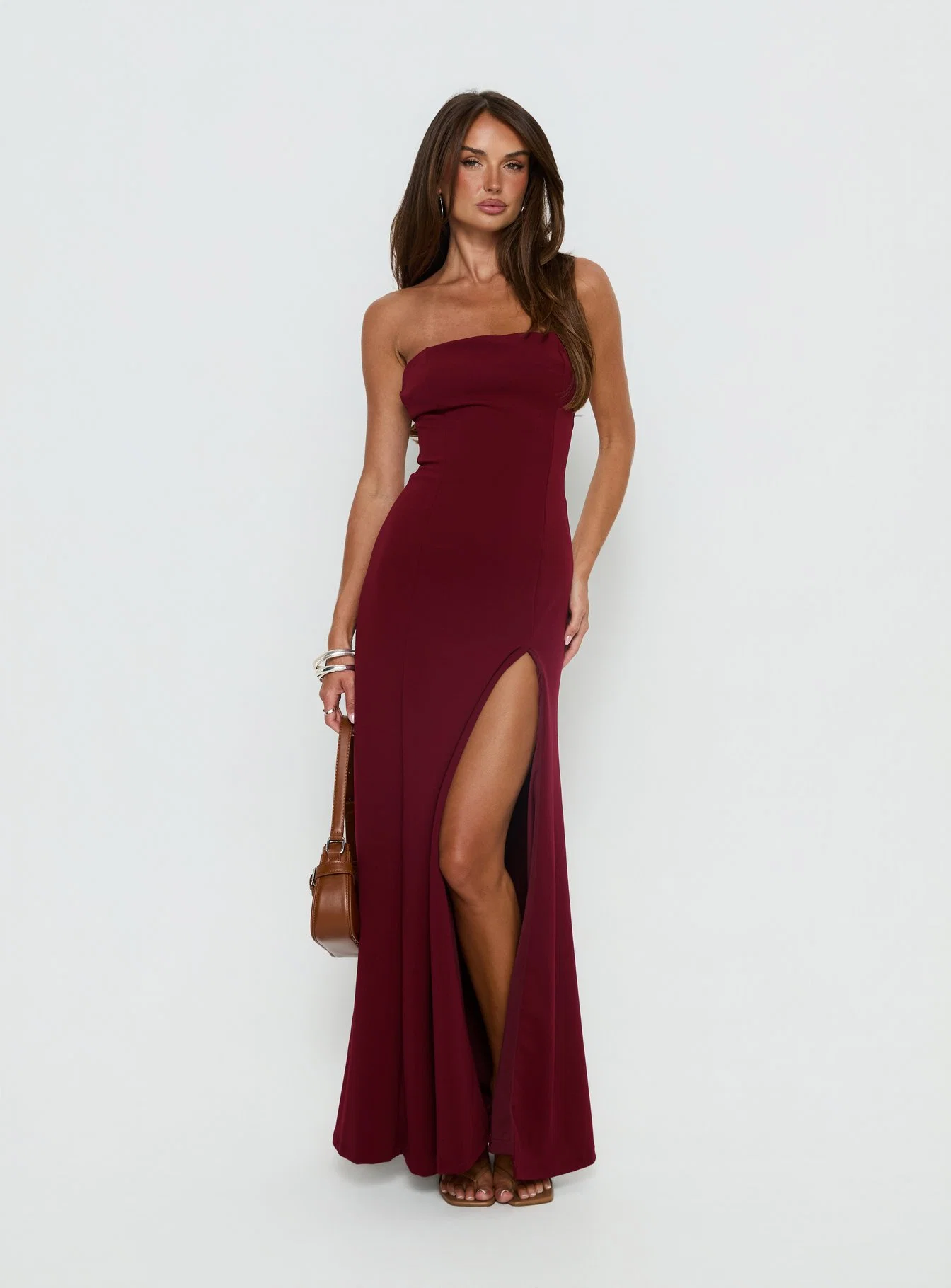 Diamanti Strapless High Slit Maxi Dress Burgundy