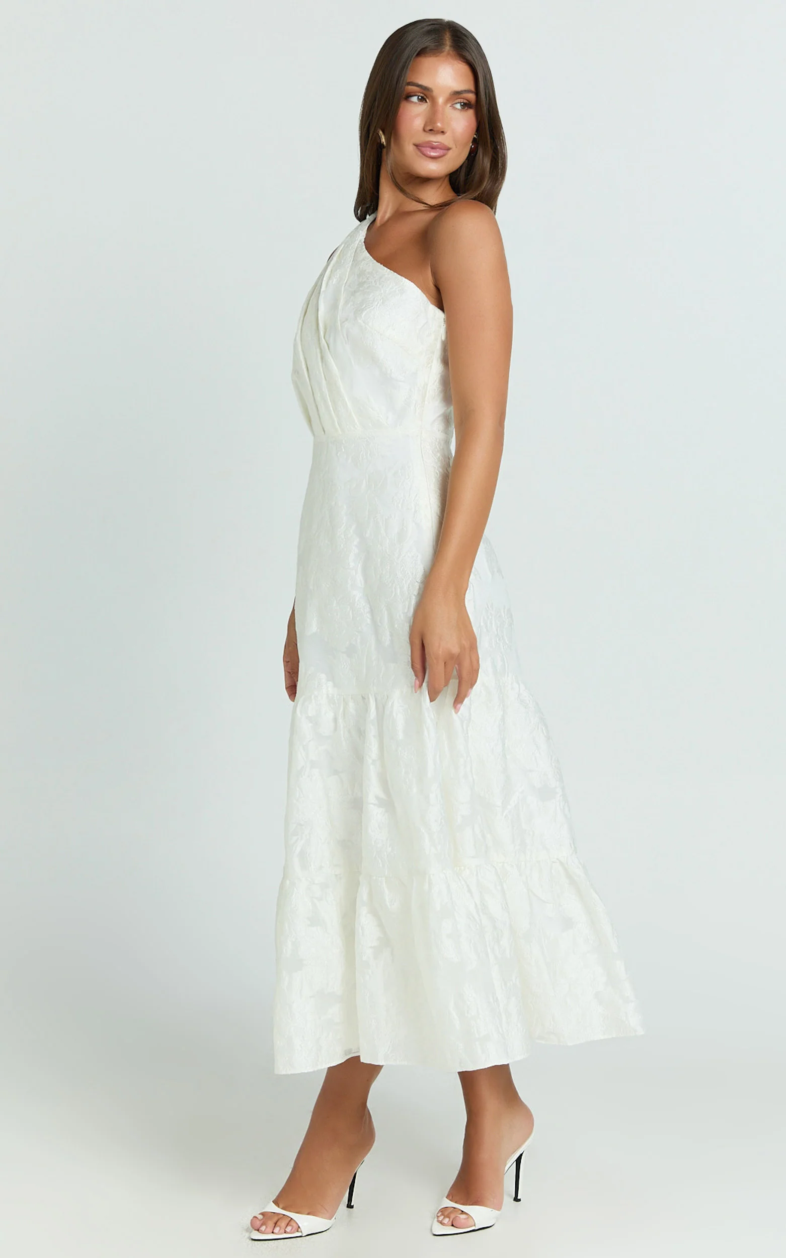 One Shoulder Pleated Tiered Dress in White