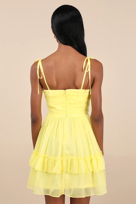 Angelic Approach Yellow Chiffon Ruffled Tie-Strap Mini Dress