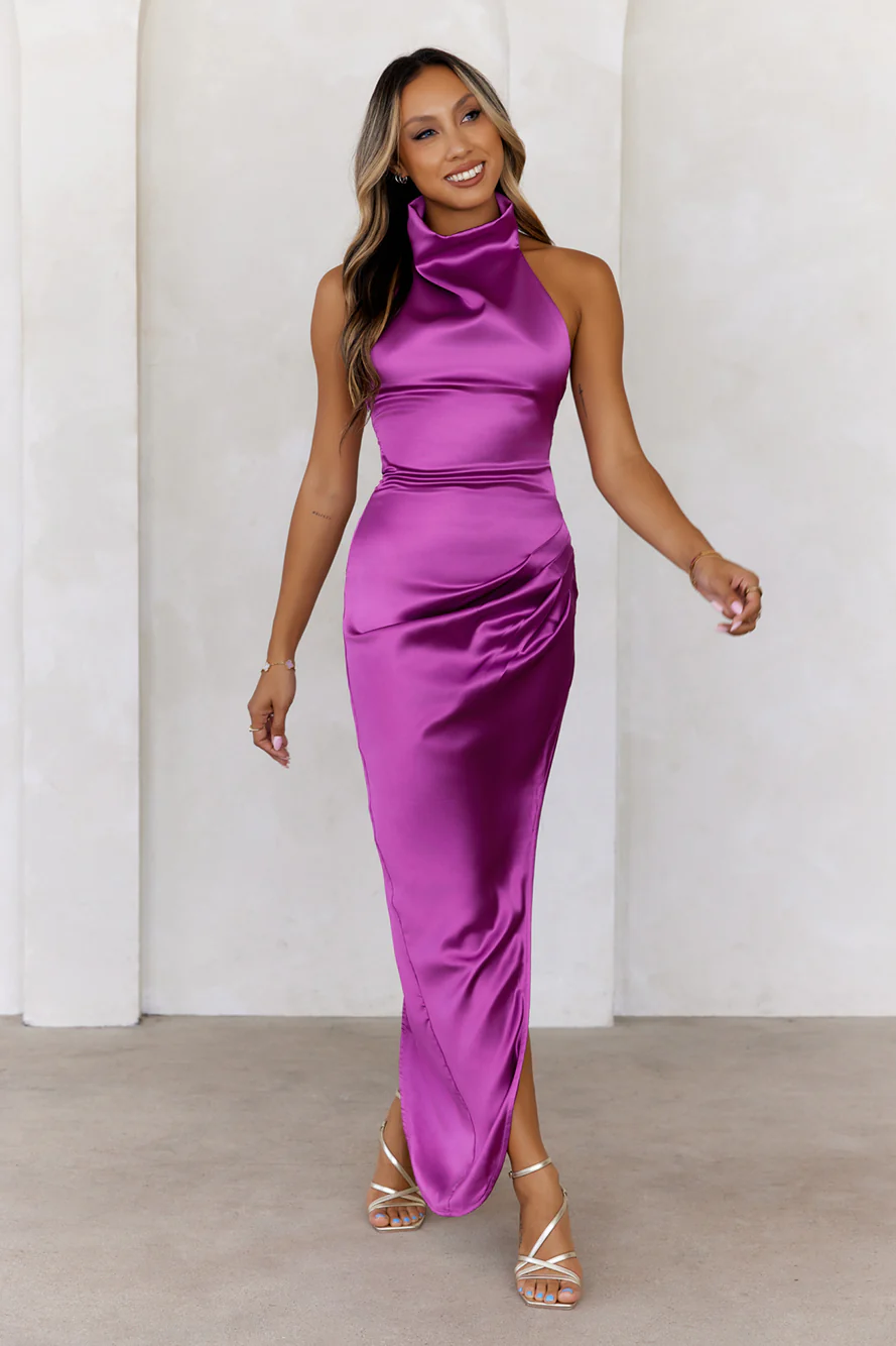 Party In Mexico Satin Halter Maxi Dress Purple
