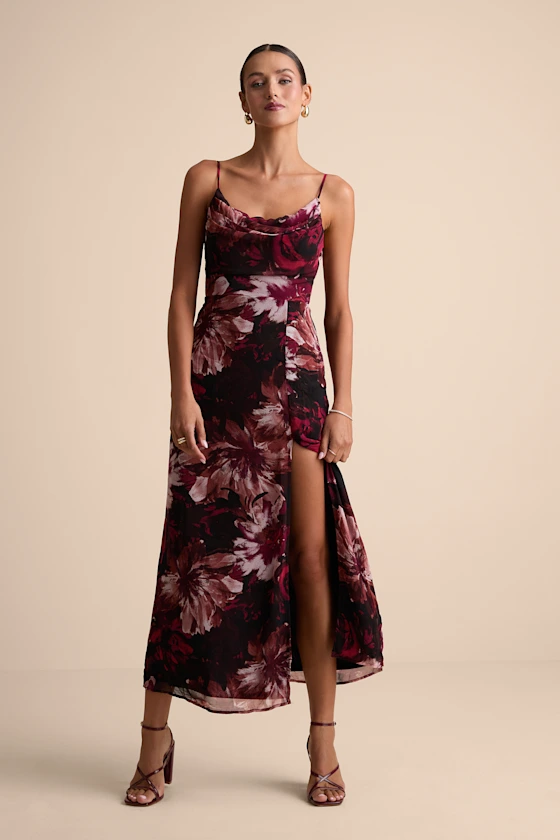 Flowery Passion Burgundy Floral Print Cowl Neck Midi Dress