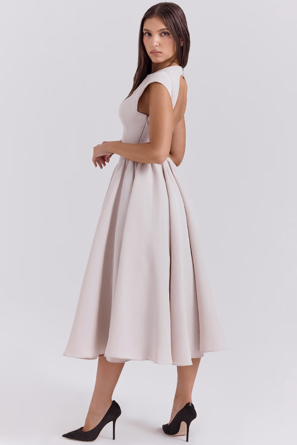 french dove moire satin backless midi dress