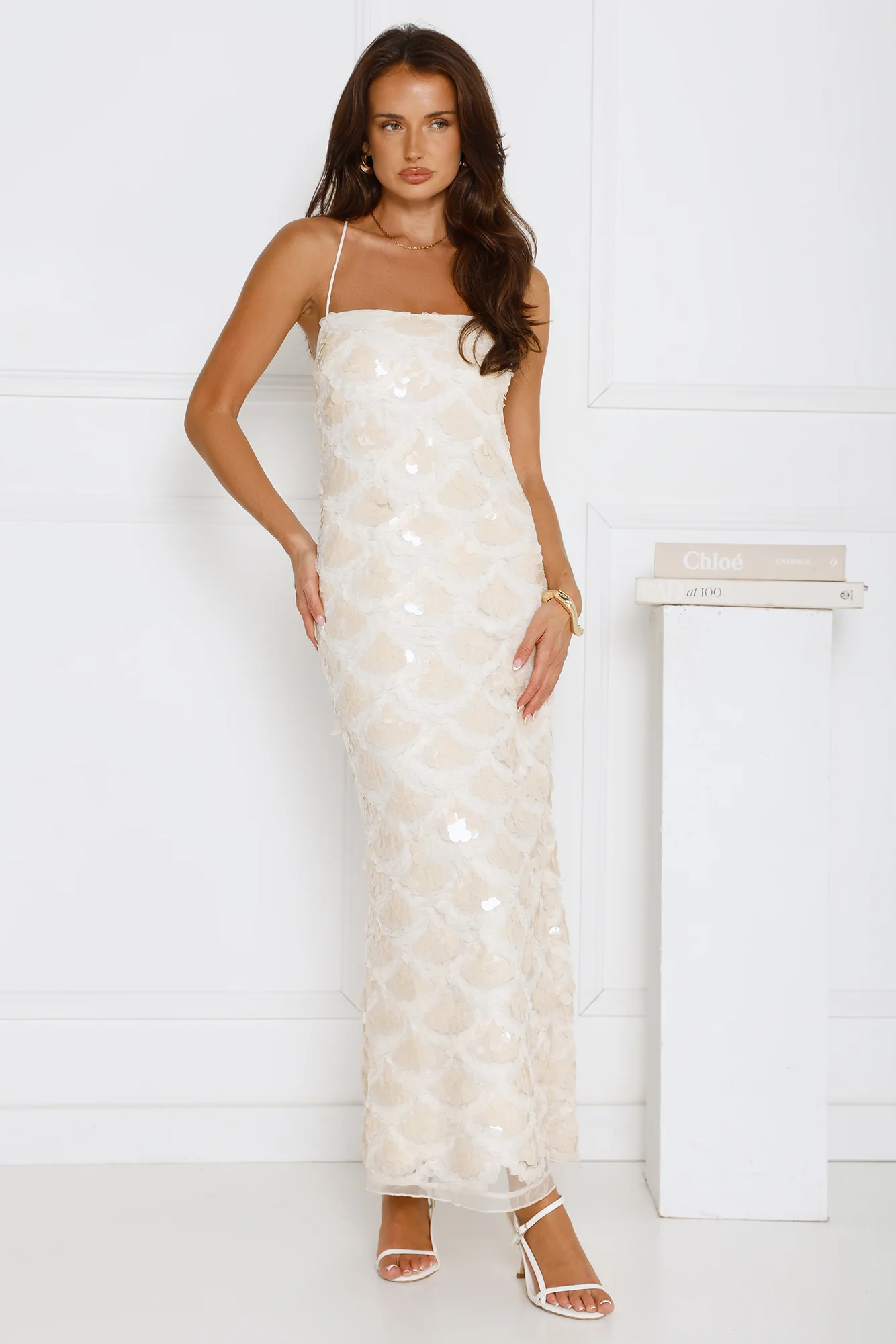 After Party Edit Halter Sequin Maxi Dress Cream