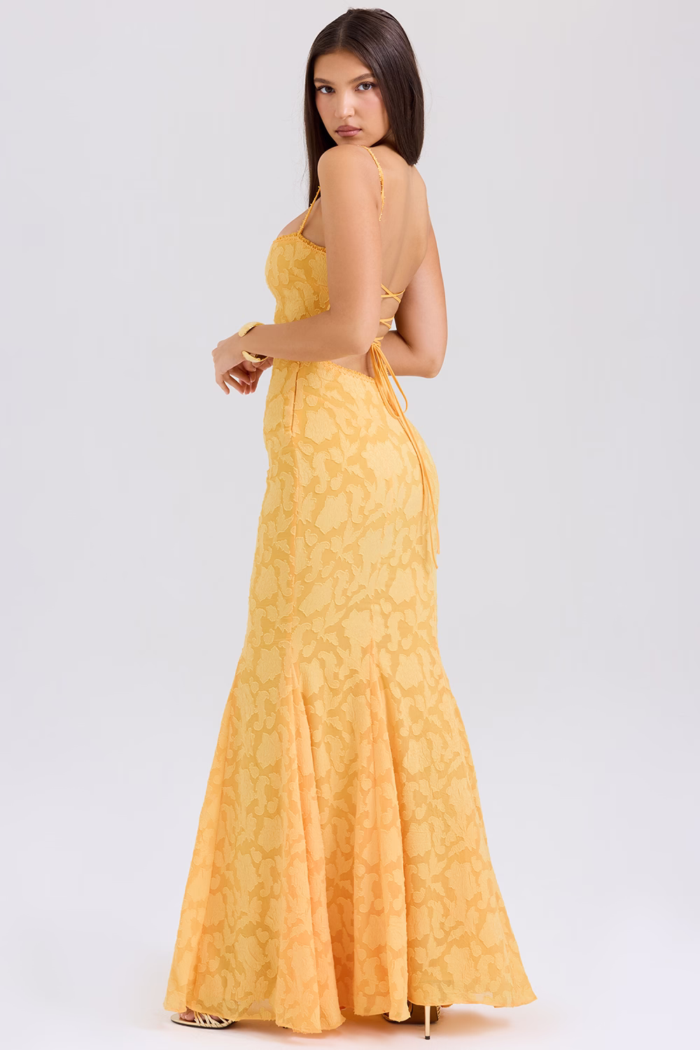apricot lace up back maxi dress