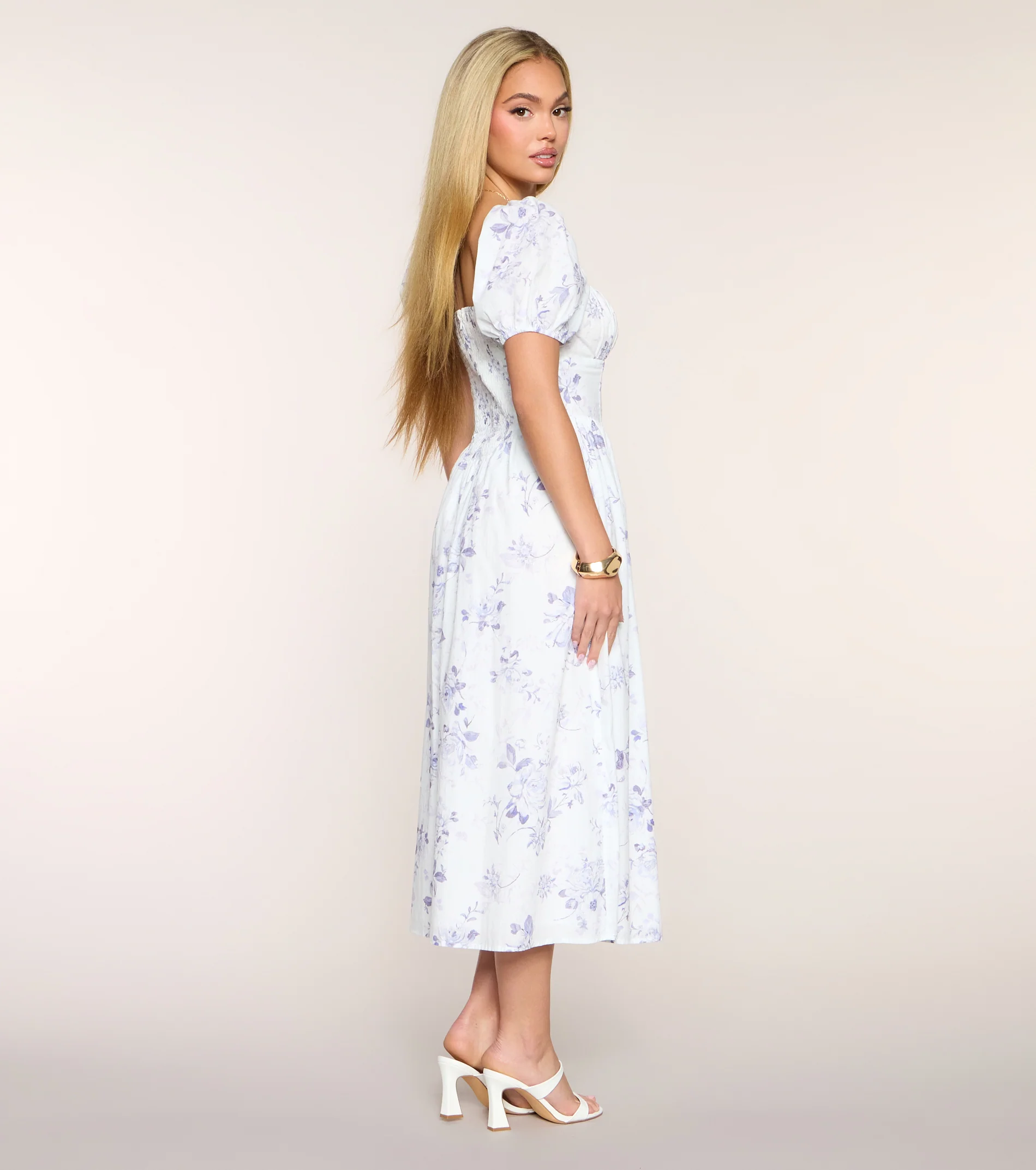 Day Date Floral Print Puff Sleeve Midi Dress