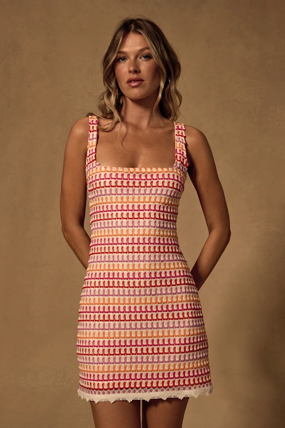 Alianora Red and Cream Crochet Mini Dress