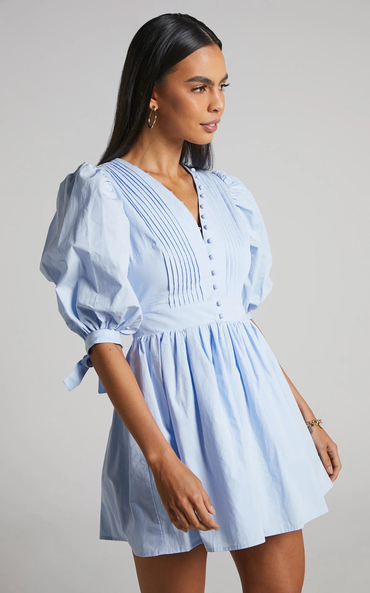 Puff Sleeve Poplin Dress in Icy Blue