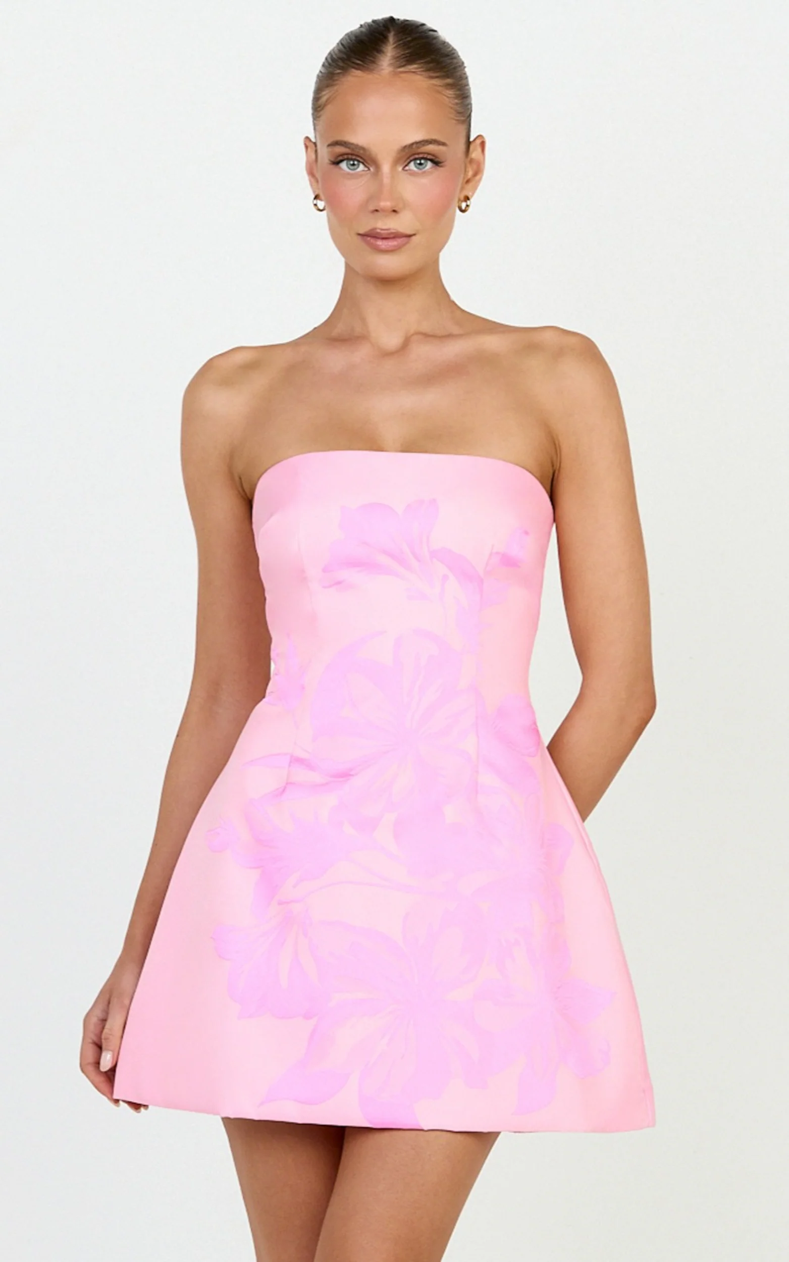 Strapless Jacquard Placement Floral A Line Dress in Pink