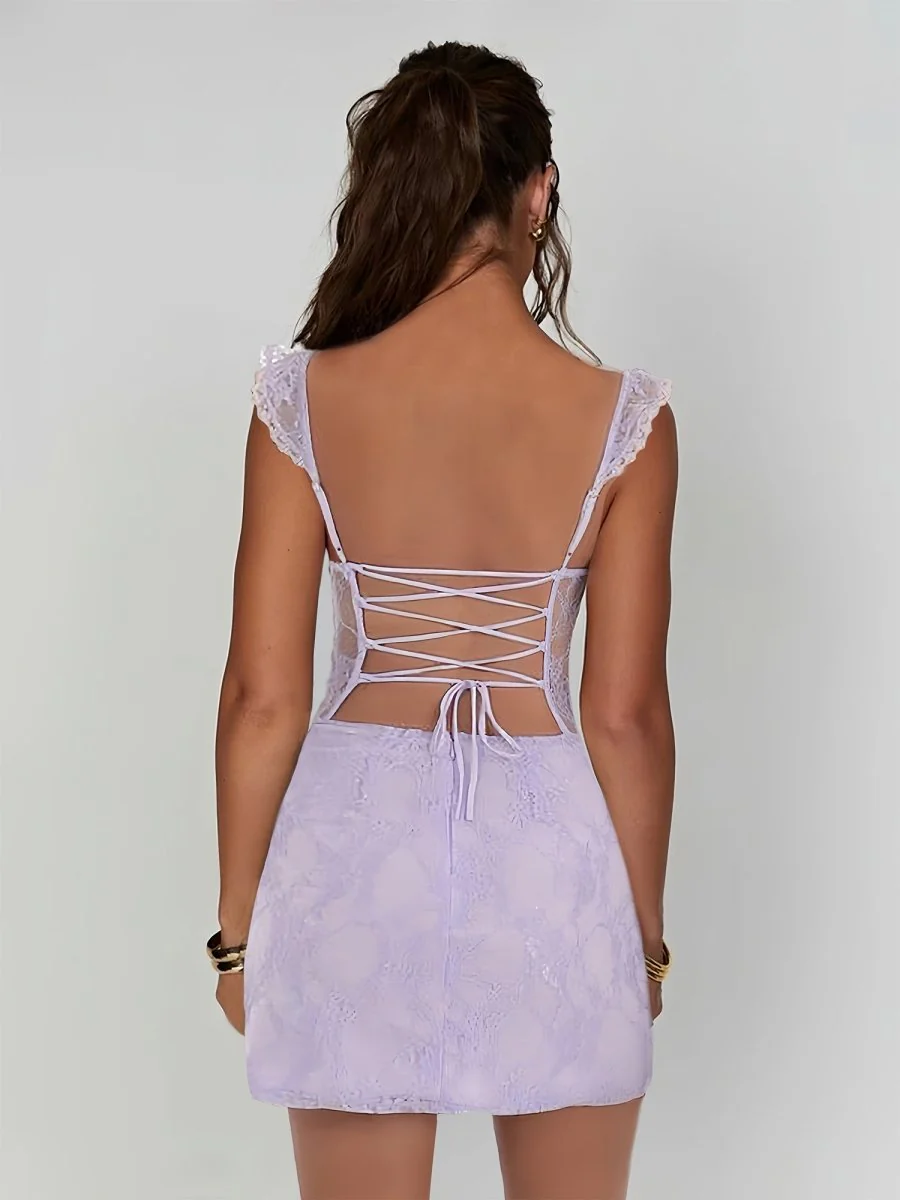 Lilac - Scoop Neck Sheath Lace Short Homecoming & Cocktail Dress With Slit