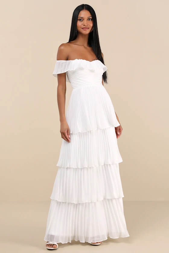 Always Remarkable White Pleated Off-the-Shoulder Maxi Dress
