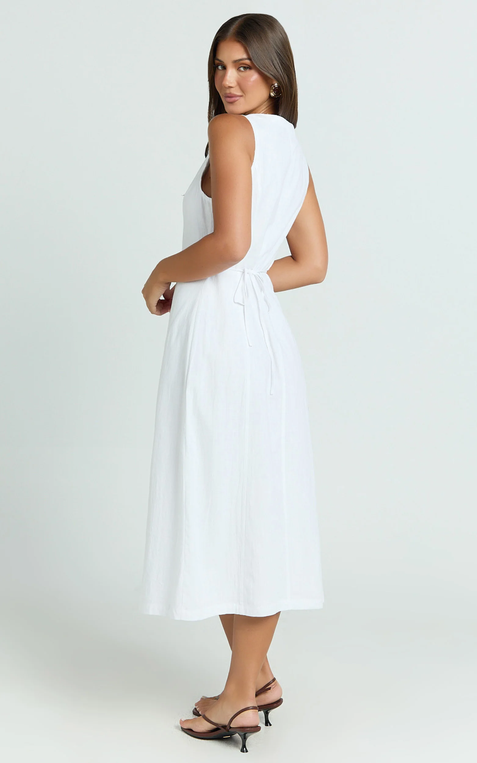 Button Through V Neck Dress in White