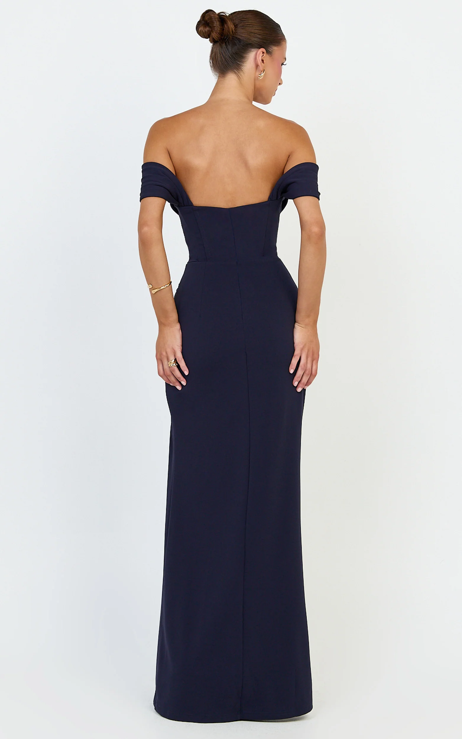 Off Shoulder Corset High Split Dress in Navy