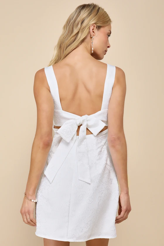 Perfectly Flirtatious White Floral Jacquard Tie-Back Mini Dress