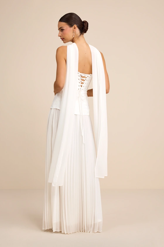 Eloise White Jacquard Pleated Maxi Dress and Scarf Set