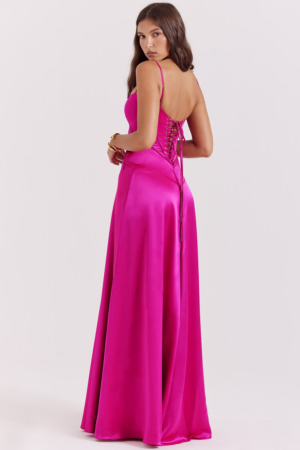 fuchsia lace up maxi dress