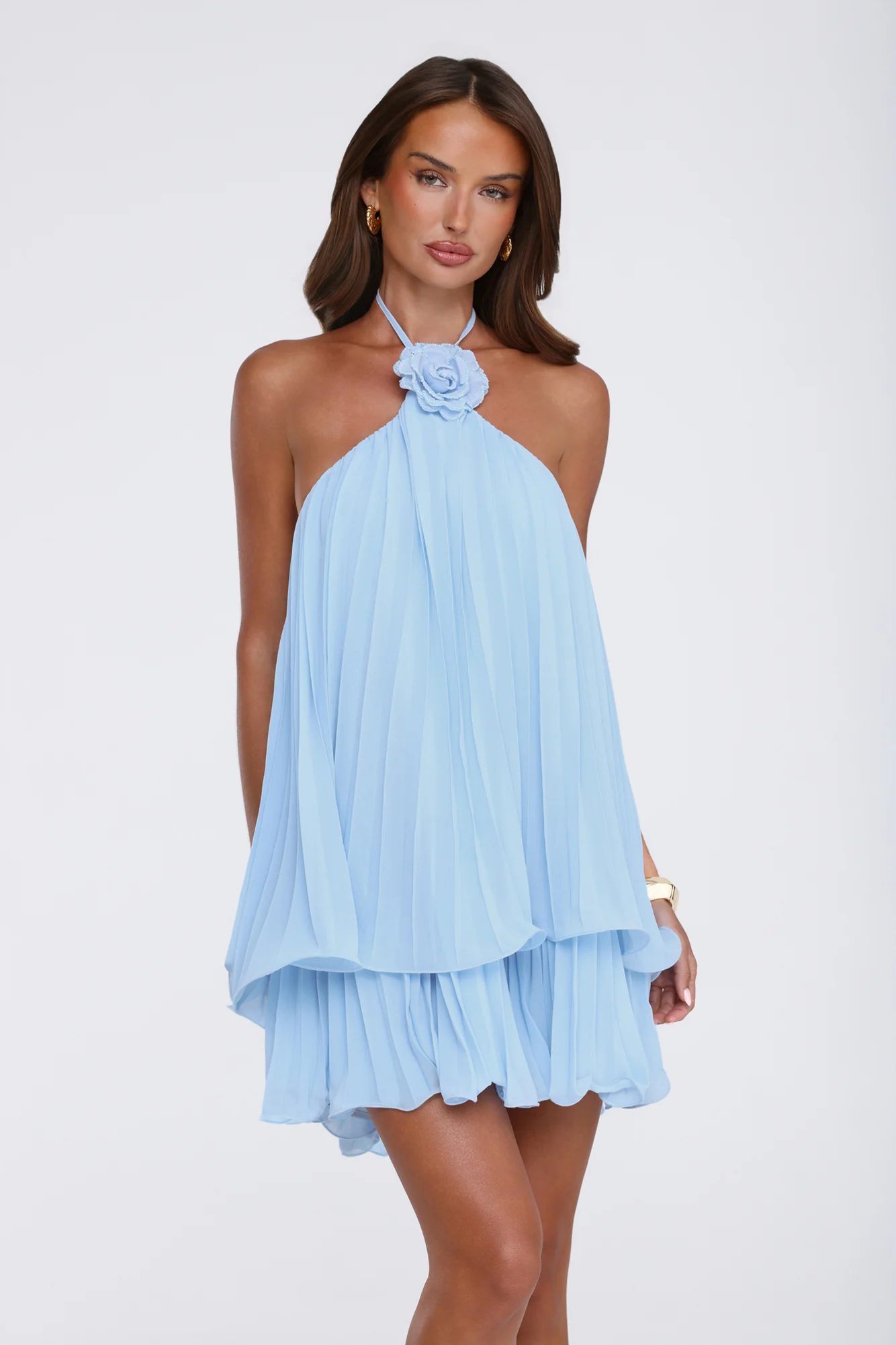The Daisy Hour Halter Pleated Mini Dress Blue