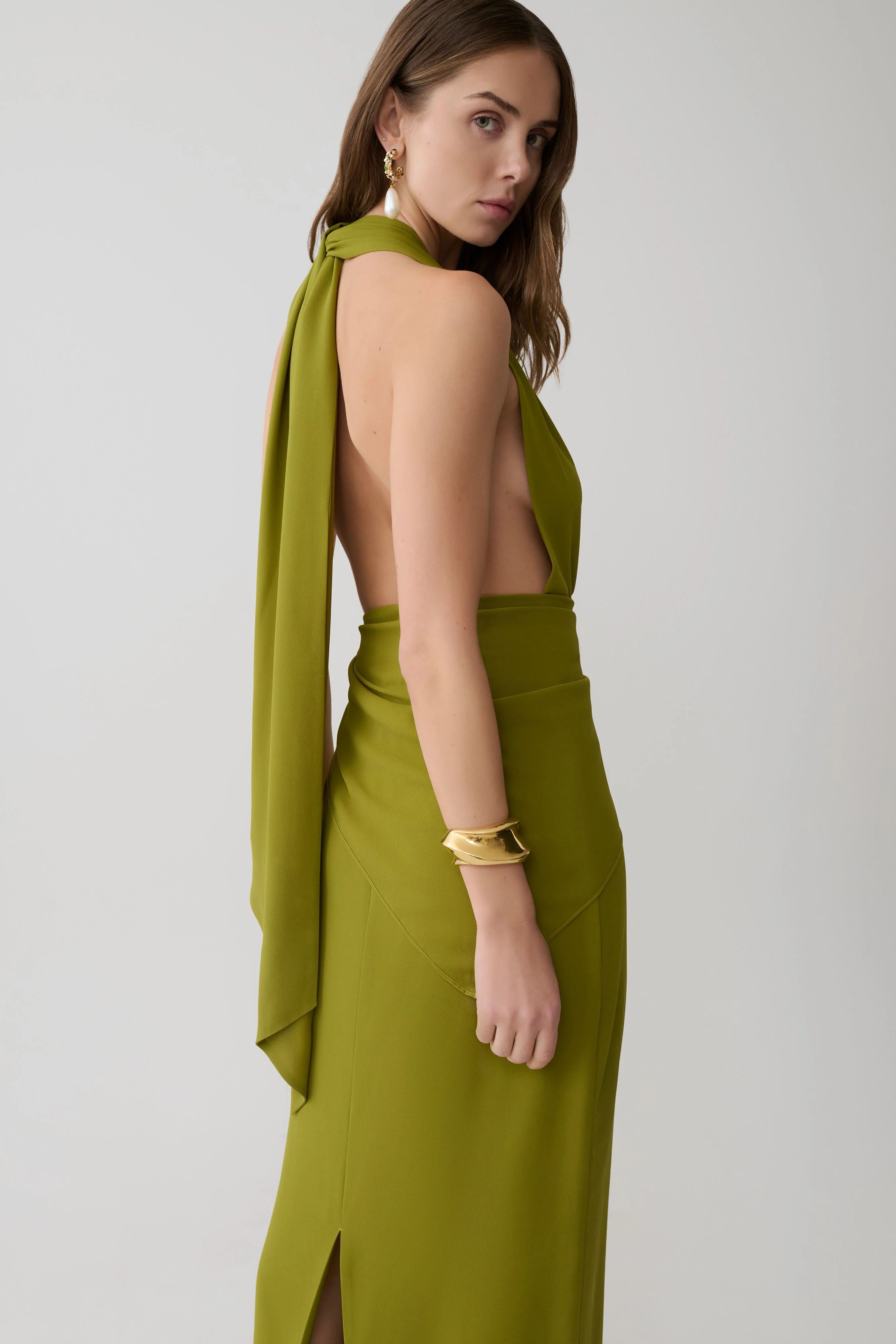 Gianna Satin Halter Maxi Dress - Olive