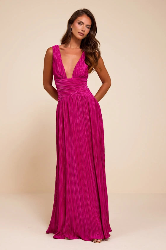 Evaluna Berry Pink Plisse Maxi Dress