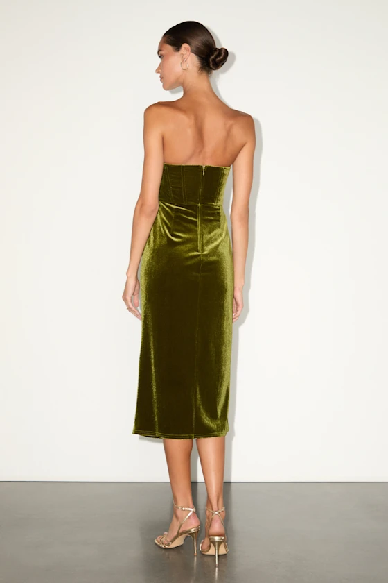 Masterfully Flirty Olive Green Velvet Bustier Midi Dress