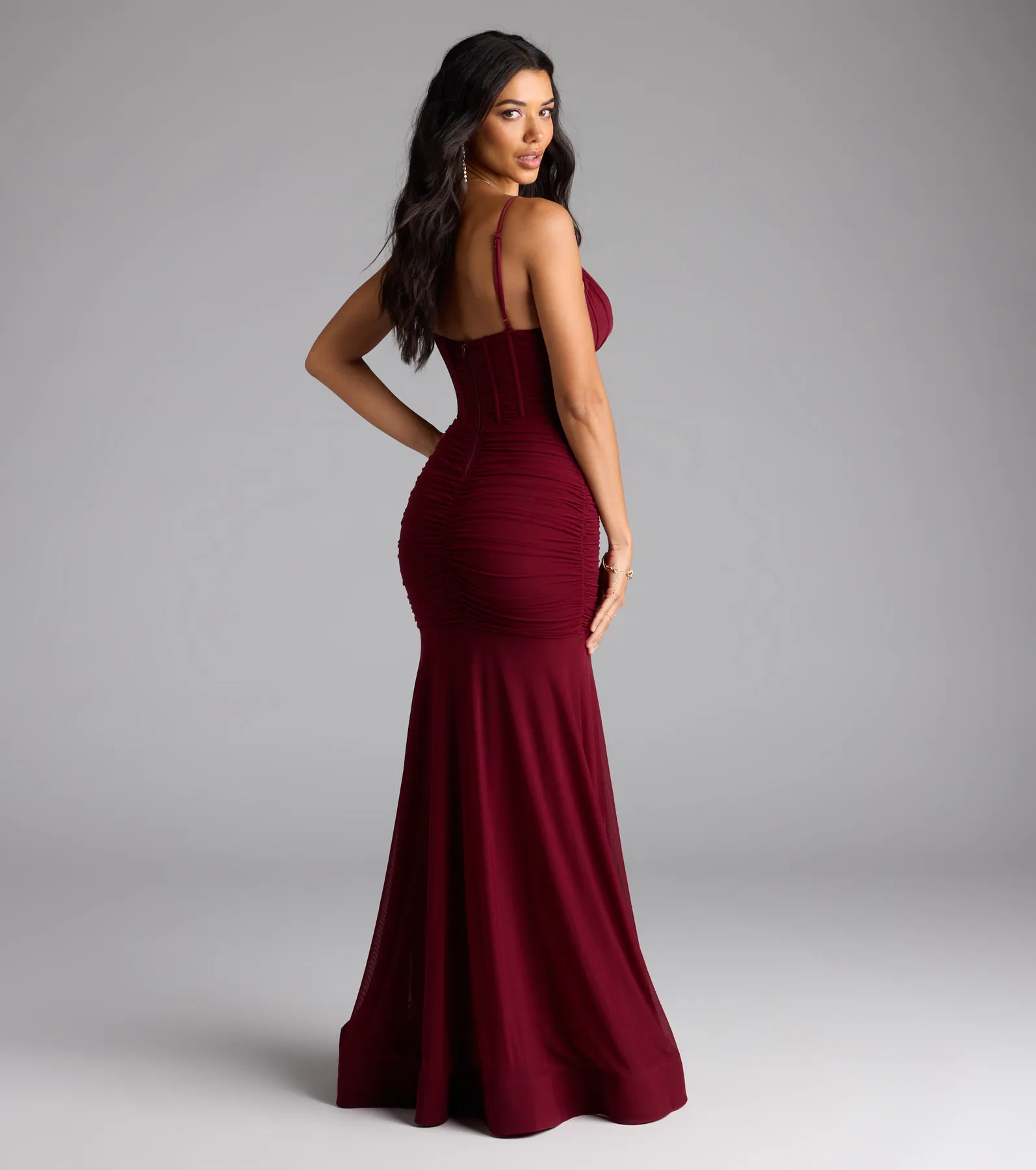 Cesca Corset Slit Mesh Formal Dress