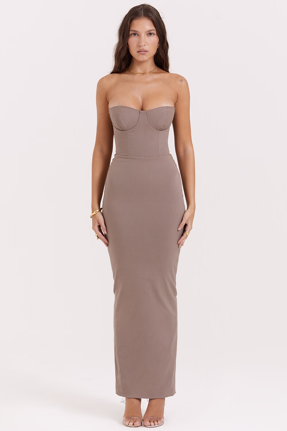taupe strapless corset maxi dress