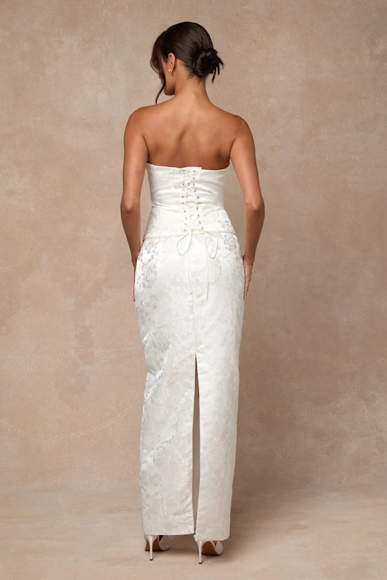 Melva White Satin Jacquard Two-Piece Bustier Maxi Dress