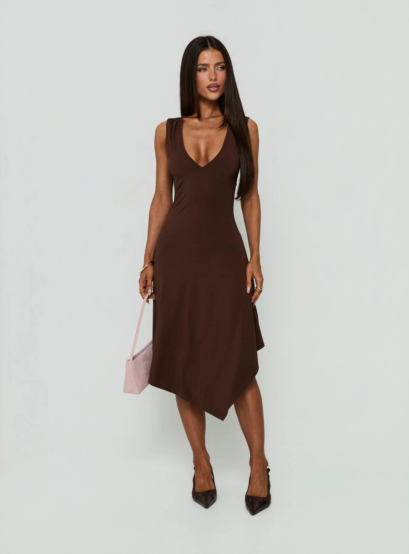 Louisia V Neck Hanky Hem Midi Dress Brown