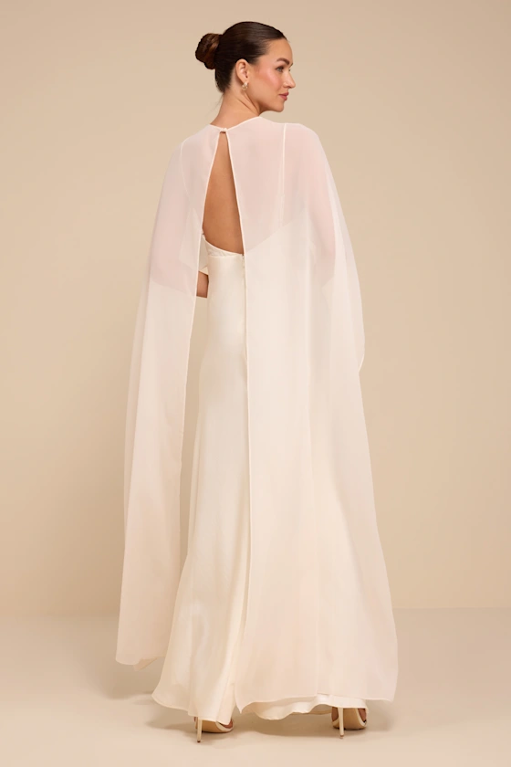 Mercedes White Satin Cape Wedding Dress