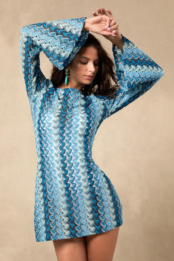 Valestra Blue Striped Crochet Long Sleeve Swim Cover-Up Dress