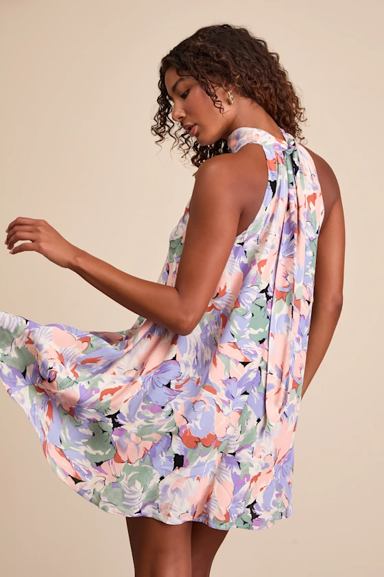 Tied Back To You Lavender Multi Floral Print Mini Shift Dress