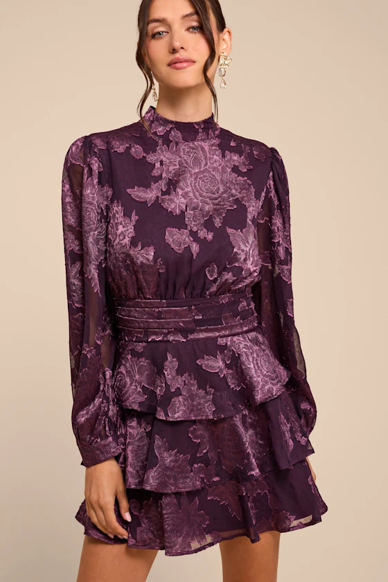 Maeve Purple Floral Burnout Tiered Mini Dress