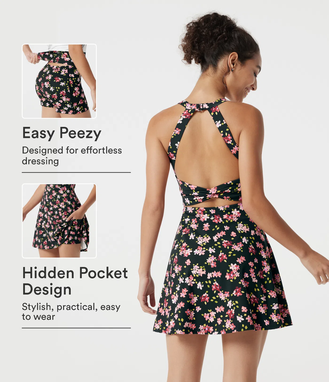 Built-in Bra 2-in-1 Ditsy Floral Mini Dance Active Dress with Pockets-Easy Peezy Edition