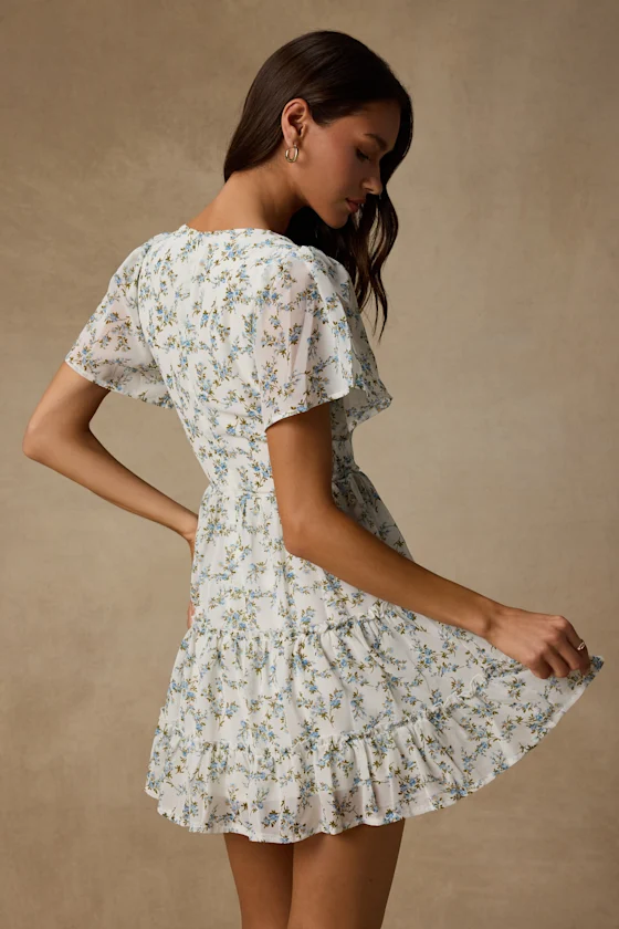 So True White Floral Print Tiered Short Sleeve Mini Dress