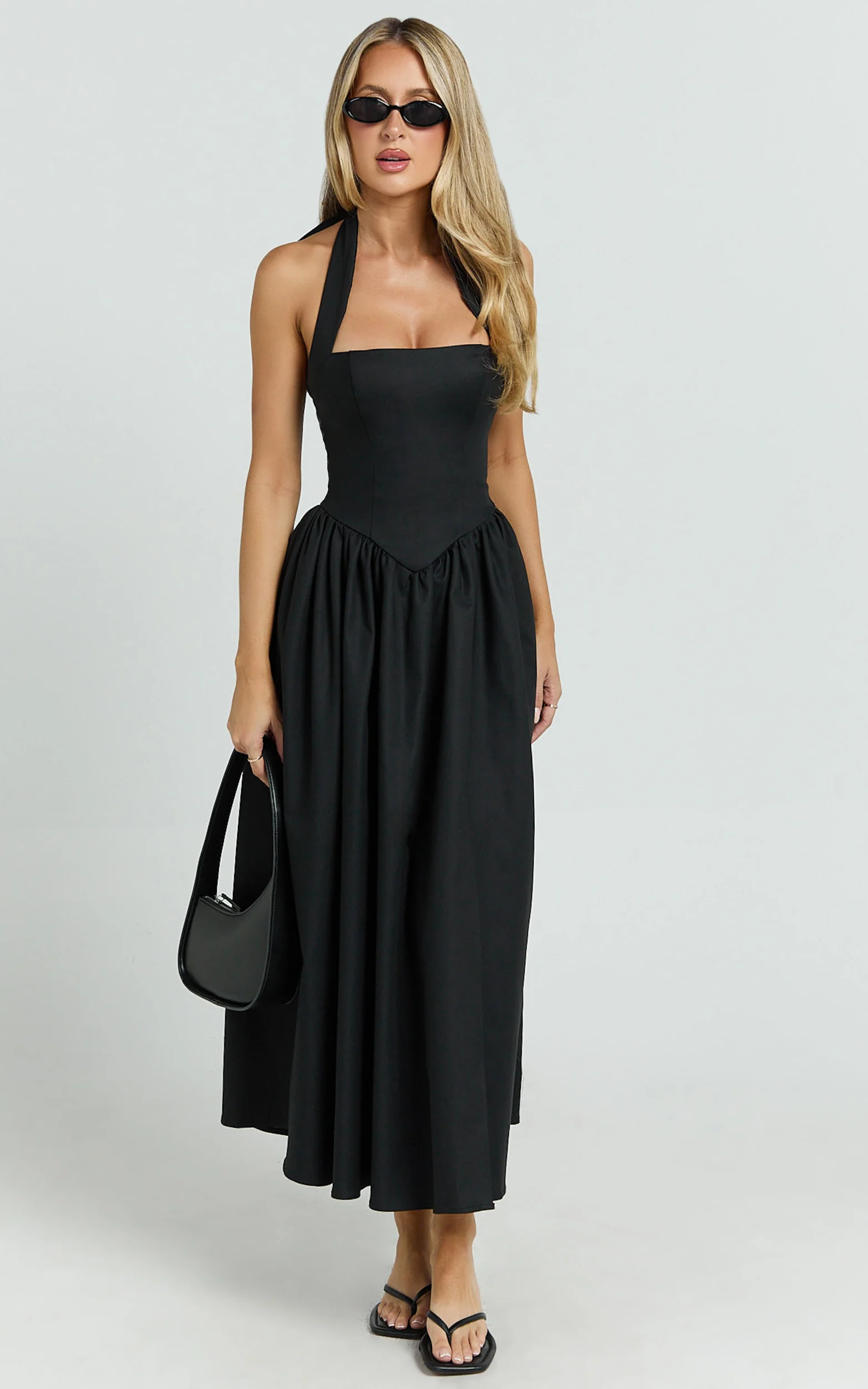 Halter Tie Neck Corset Panel Dress in Black