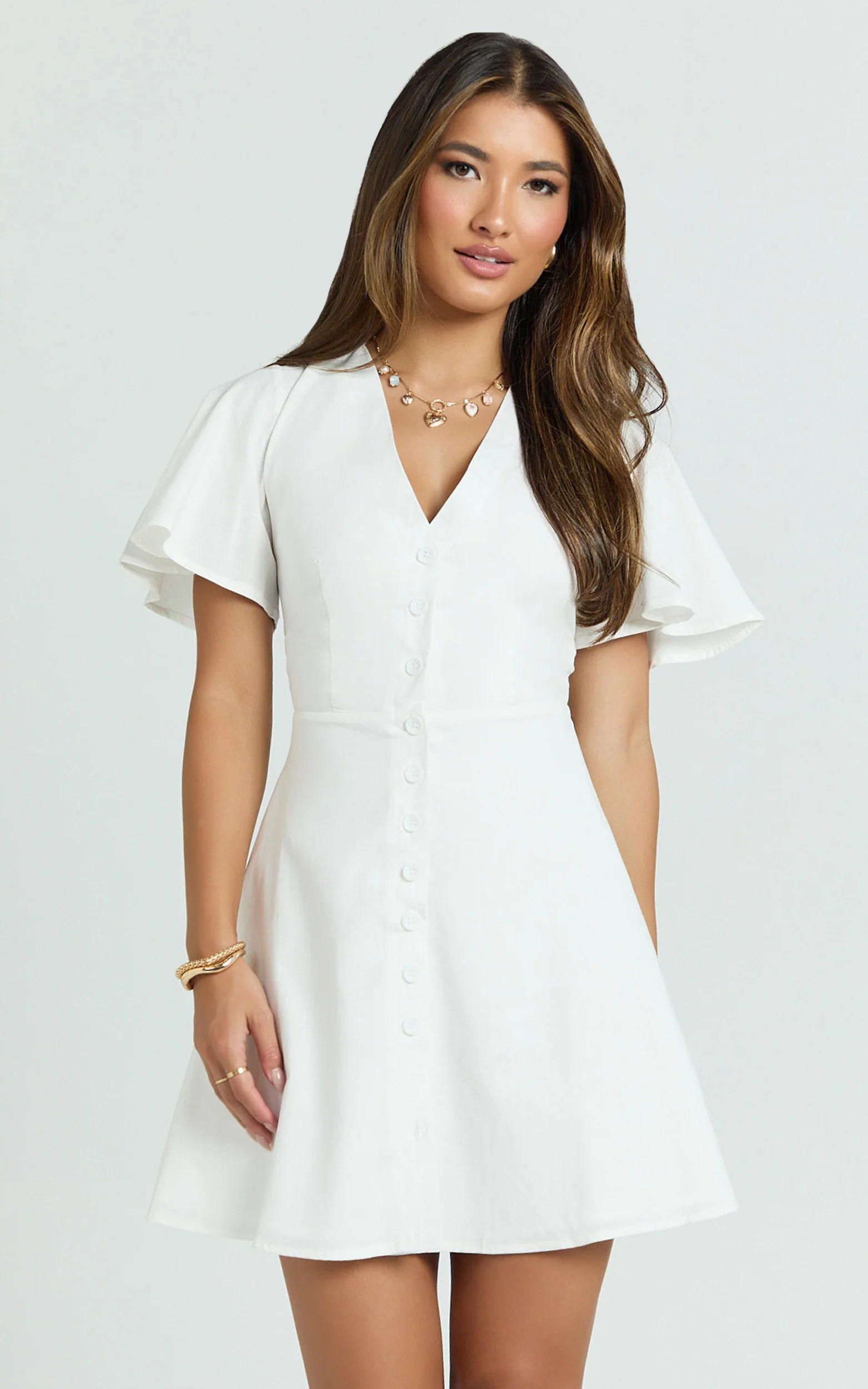 Flutter Sleeve Button Through Dress in White